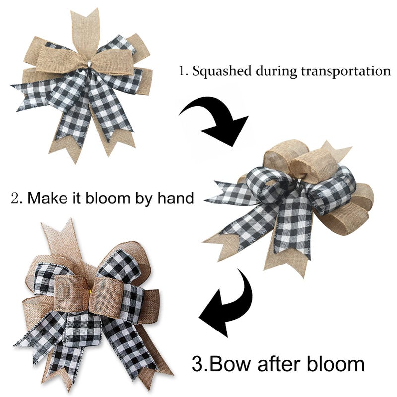 Hongsome Buffalo Plaid Burlap Bows for Wreath 2 Pack 12 x9.4 Large Rustic Farmhouse Decor Tree Topper Check Bow Decorations for Fall Wedding Holiday Party Wall Home Front Door Decorative(Black&White) - Image 4